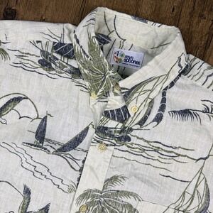 Reyn Spooner Hawaiian Shirt Mens M Ivory Green Sailboat Palm Beach Seagull Bird